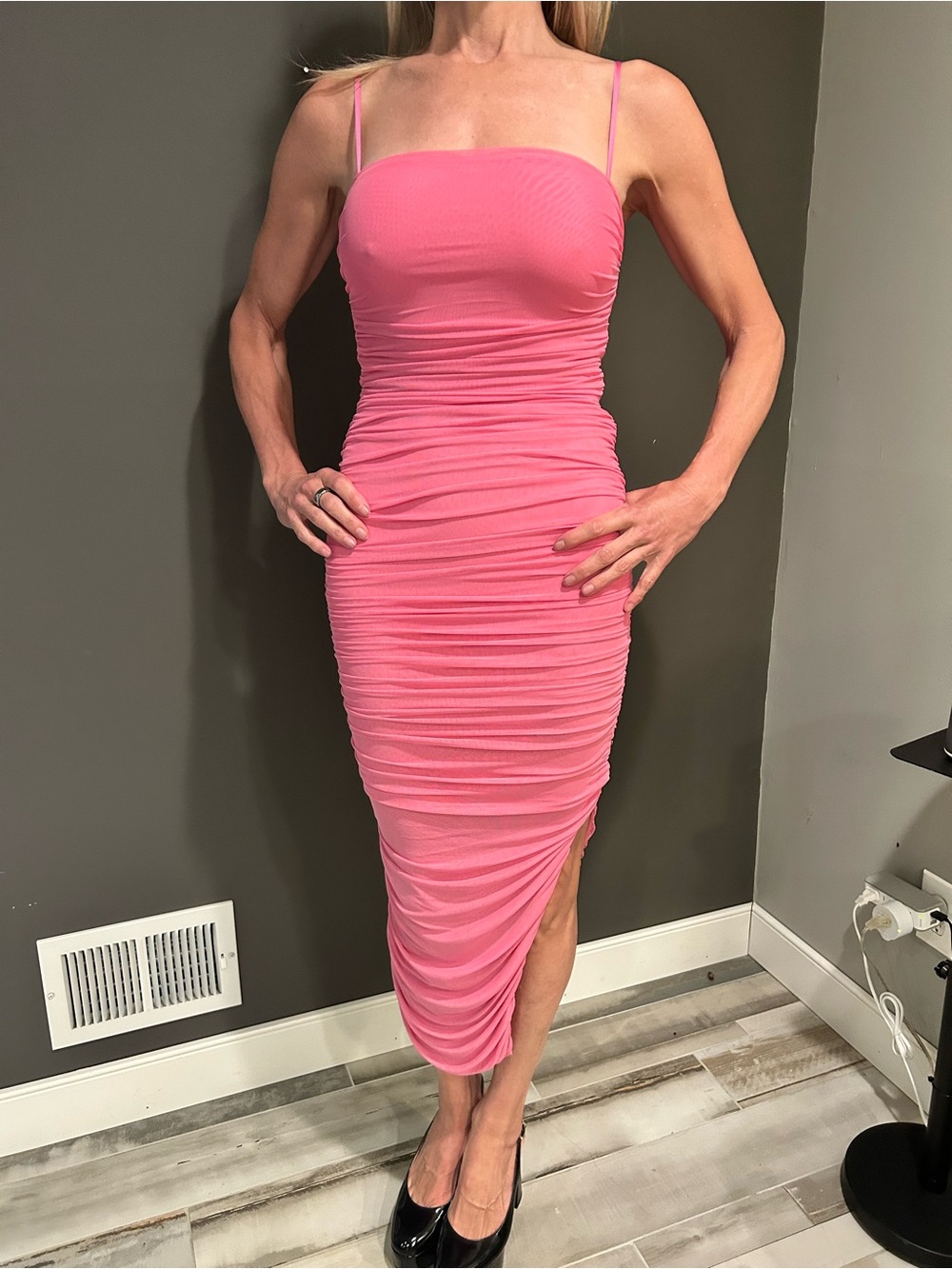 Slim Ruched Pink Midi Dress with Spaghetti Straps